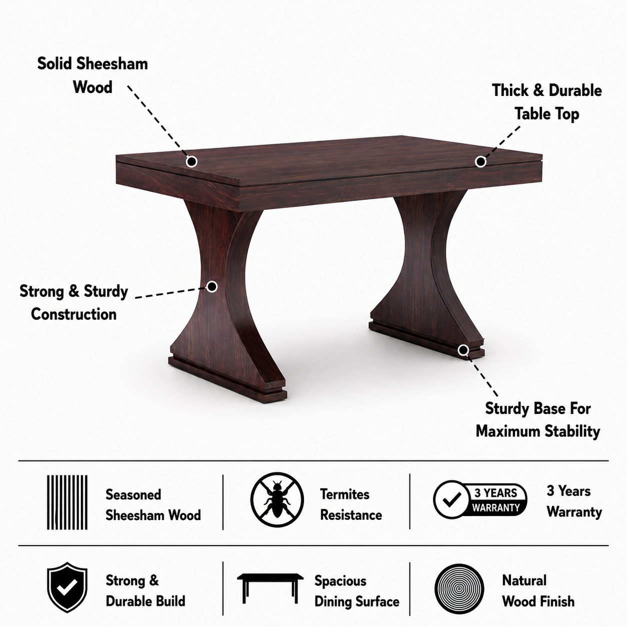 Maron Solid Sheesham Wood 4 Seater Dining Table Set - 3 Years Warranty features