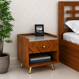 Wave Solid Sheesham Wood Bedside With Gray Top and Storage - 3 Years Warranty