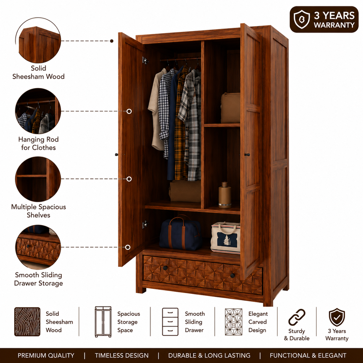 Raj Two Door and One Drawer Storage Solid Sheesham Wood Wardrobe - 3 Years Warranty features