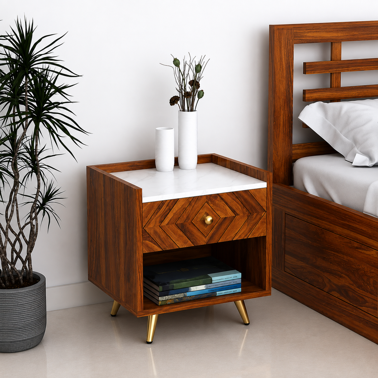 Wave Solid Sheesham Wood Bedside With Marble Top and Storage - 3 Years Warranty