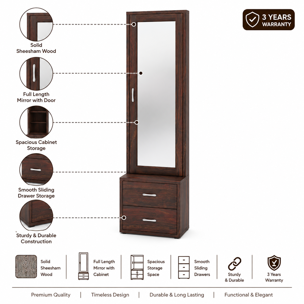 Cairo Solid Sheesham Wood Dressing Table with Cabinet - 3 Years Warranty features