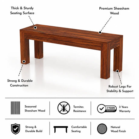 Mayor Solid Sheesham Wood Dining Bench - 3 Years Warranty