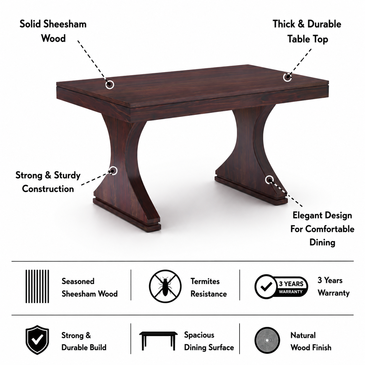 Maron Solid Sheesham Wood 4 Seater Dining Table - 3 Years Warranty features