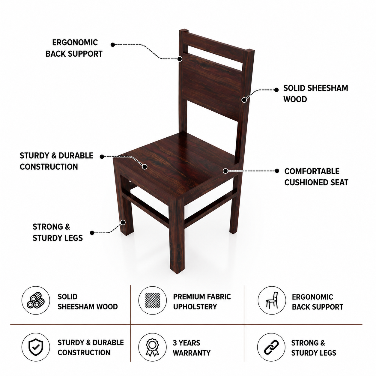 Jaipur Solid Sheesham Wood Dining Chair - 3 Years Warranty features
