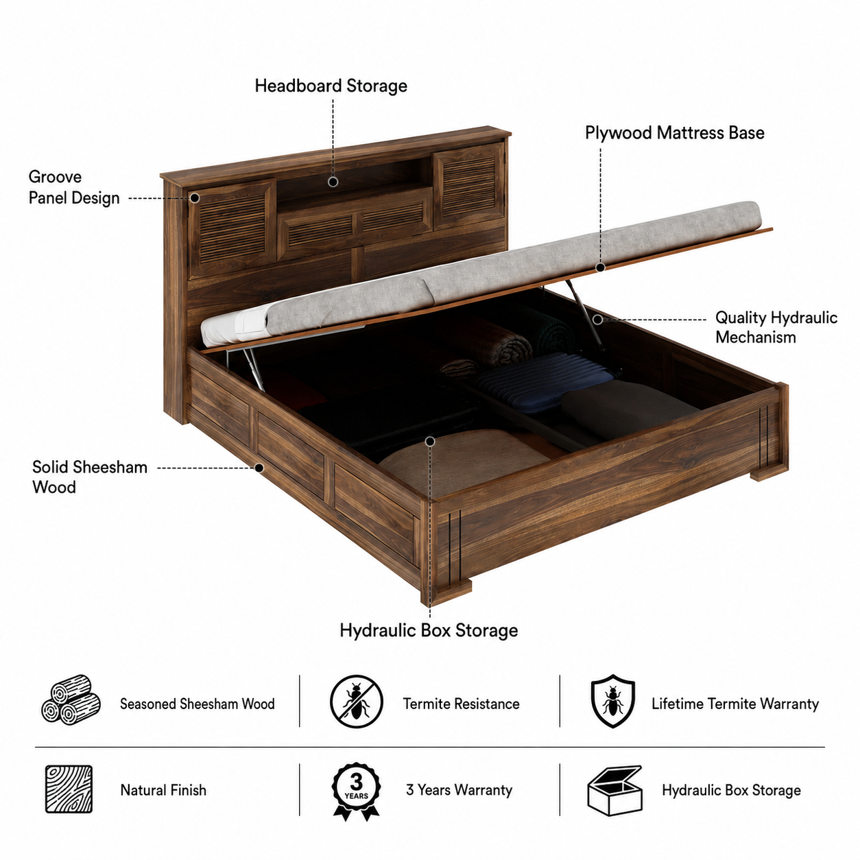 Maharaja Groove Solid Sheesham Wood Bed with Hydraulic Box and Headboard Storage - 3 years Warranty features