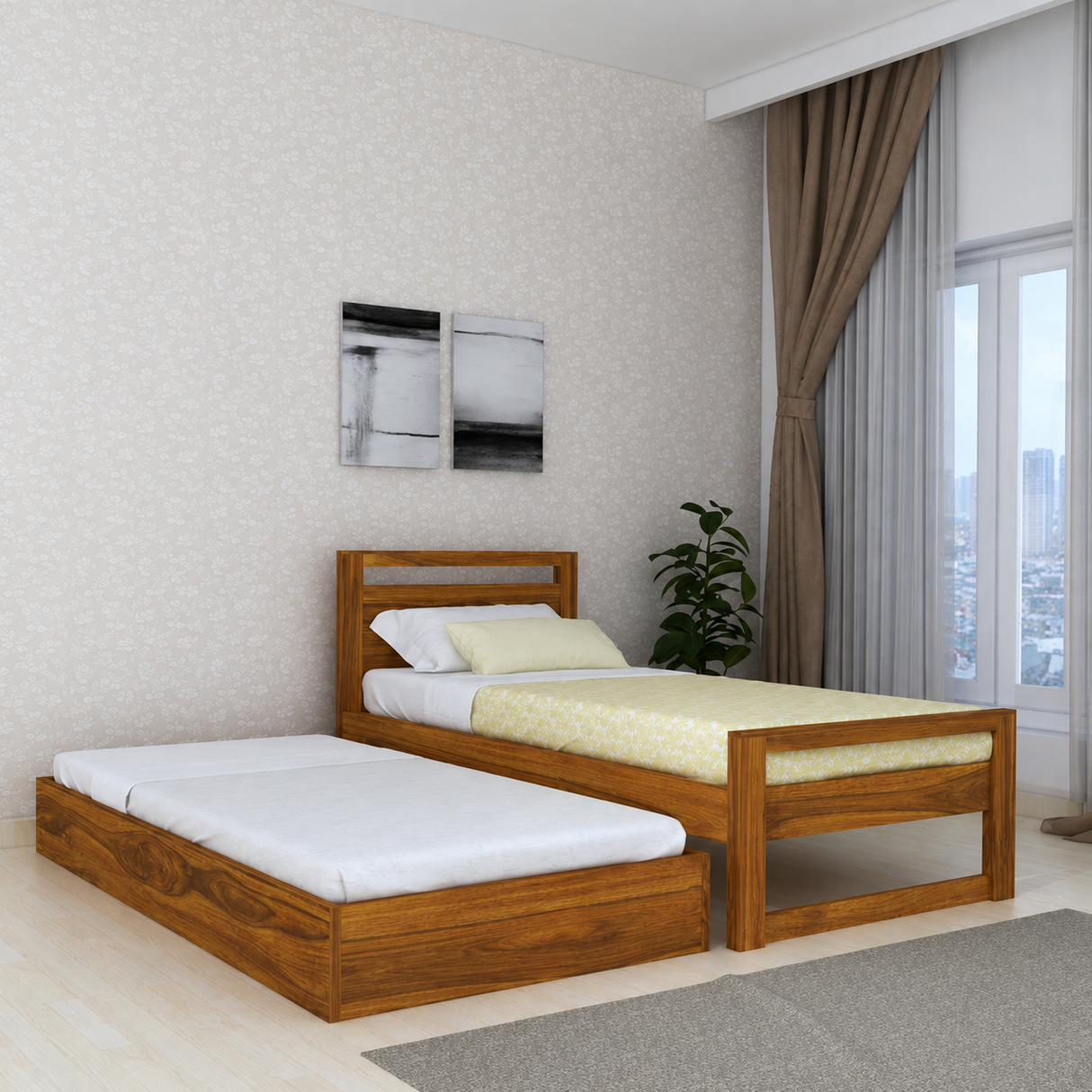 RIO Solid Sheesham Wood Trundle Bed With Storage - 3 Years Warranty
