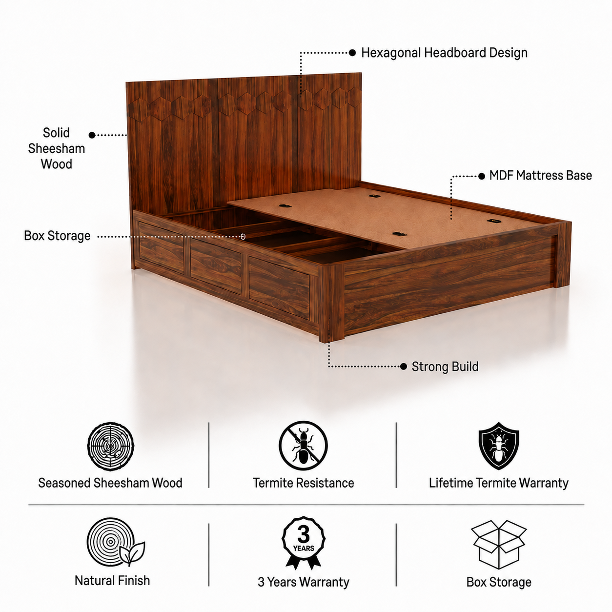 Hexa Solid Sheesham Wood Bed with Box Storage - 3 Years Warranty features