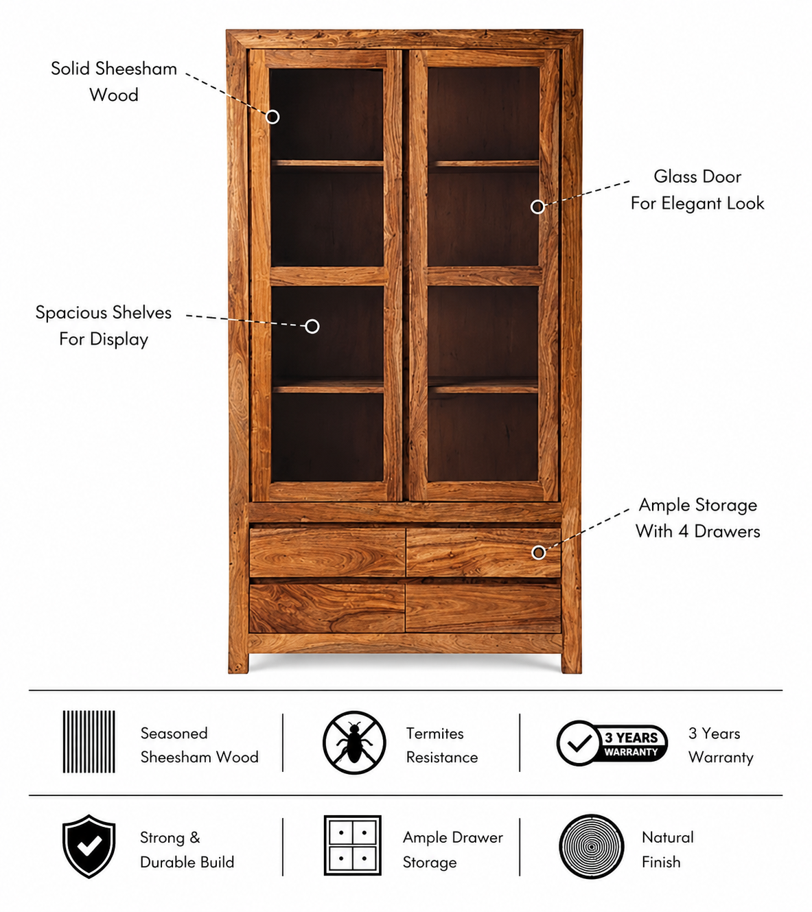Trace Solid Sheesham Wood Display/Storage Unit - 3 Years Warranty features