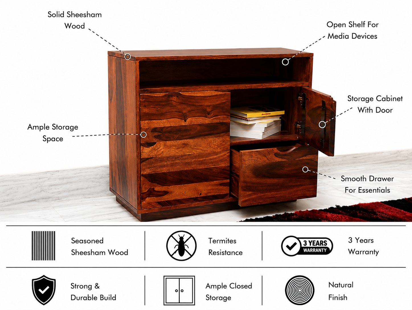 Foster Solid Sheesham Wood TV Unit - 3 Years Warranty features