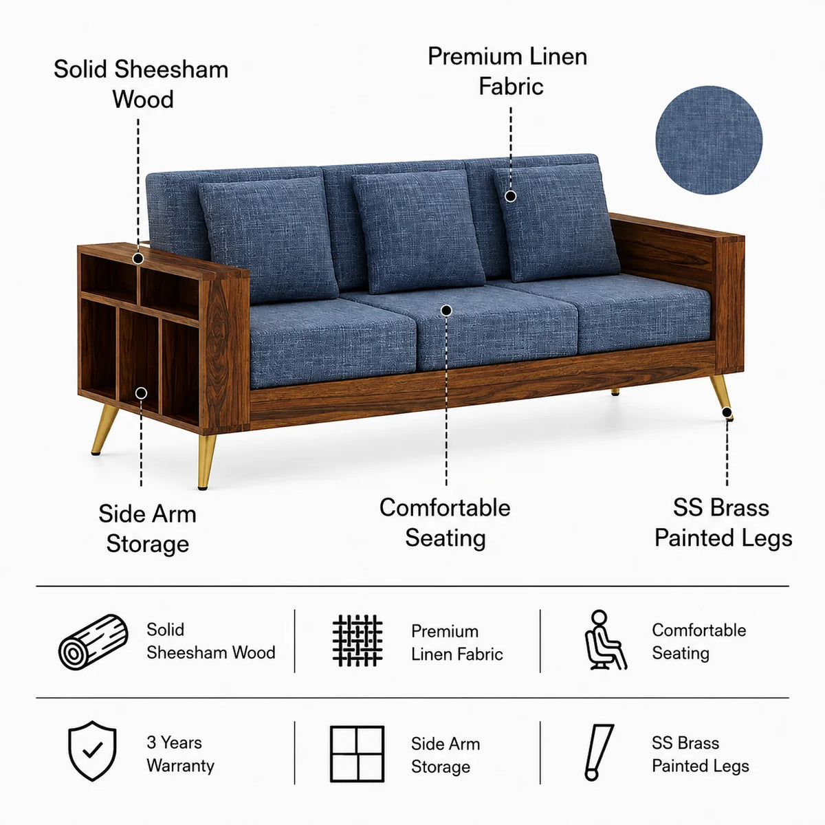 Bolt Solid Sheesham Wood 3 Seater Sofa With Side Storage - 3 Year Warranty (LUXE EDITION)