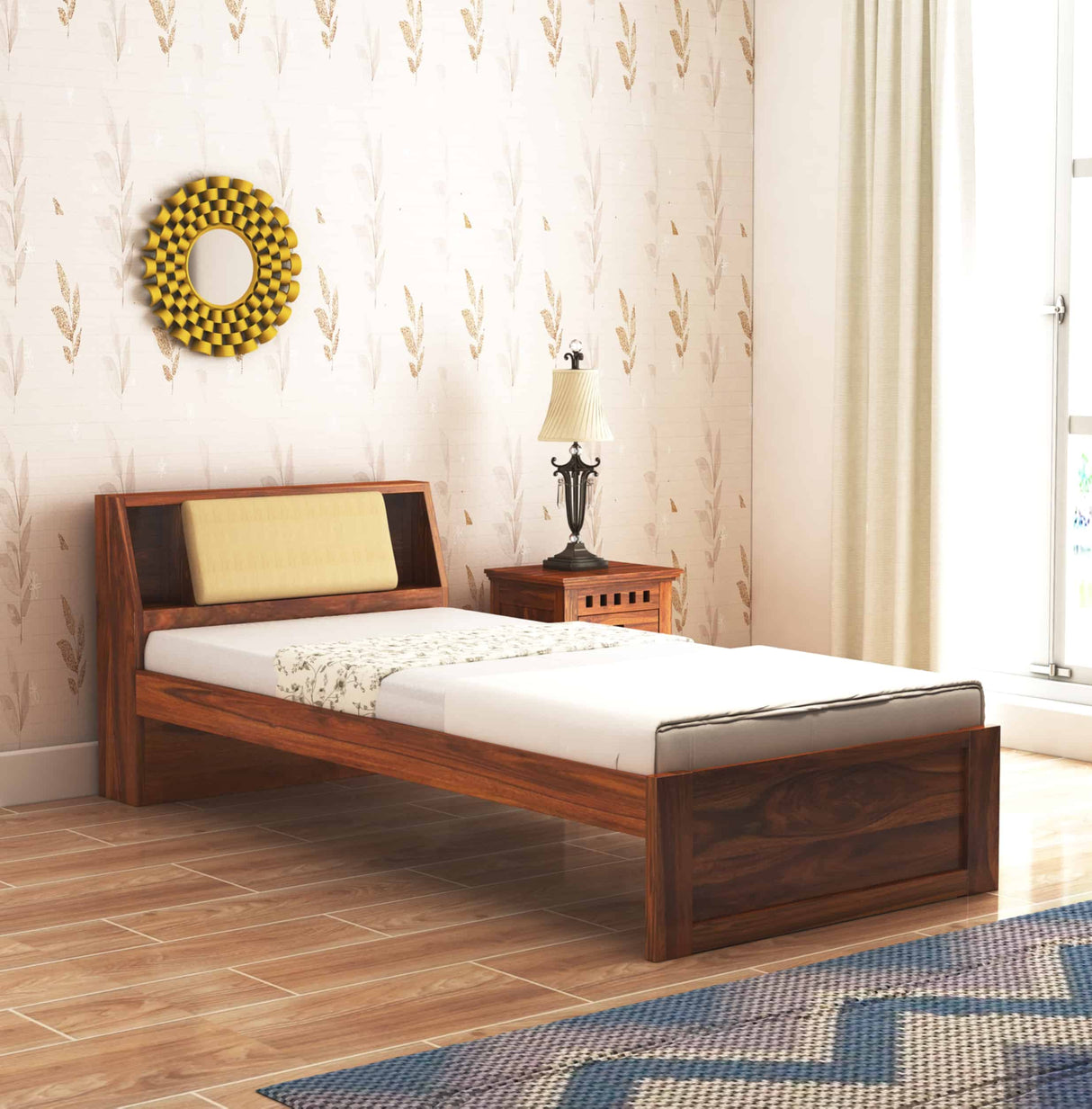 Mayor Solid Sheesham Wood Single Size Bed With Headboard Storage - 3 Years Warranty