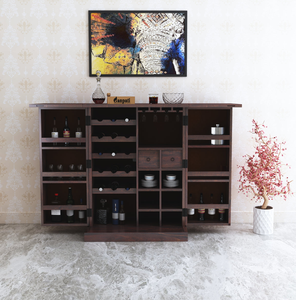 Olso Wine Cabinet in Solid Sheesham Wood - BIG - 3 Years Warranty