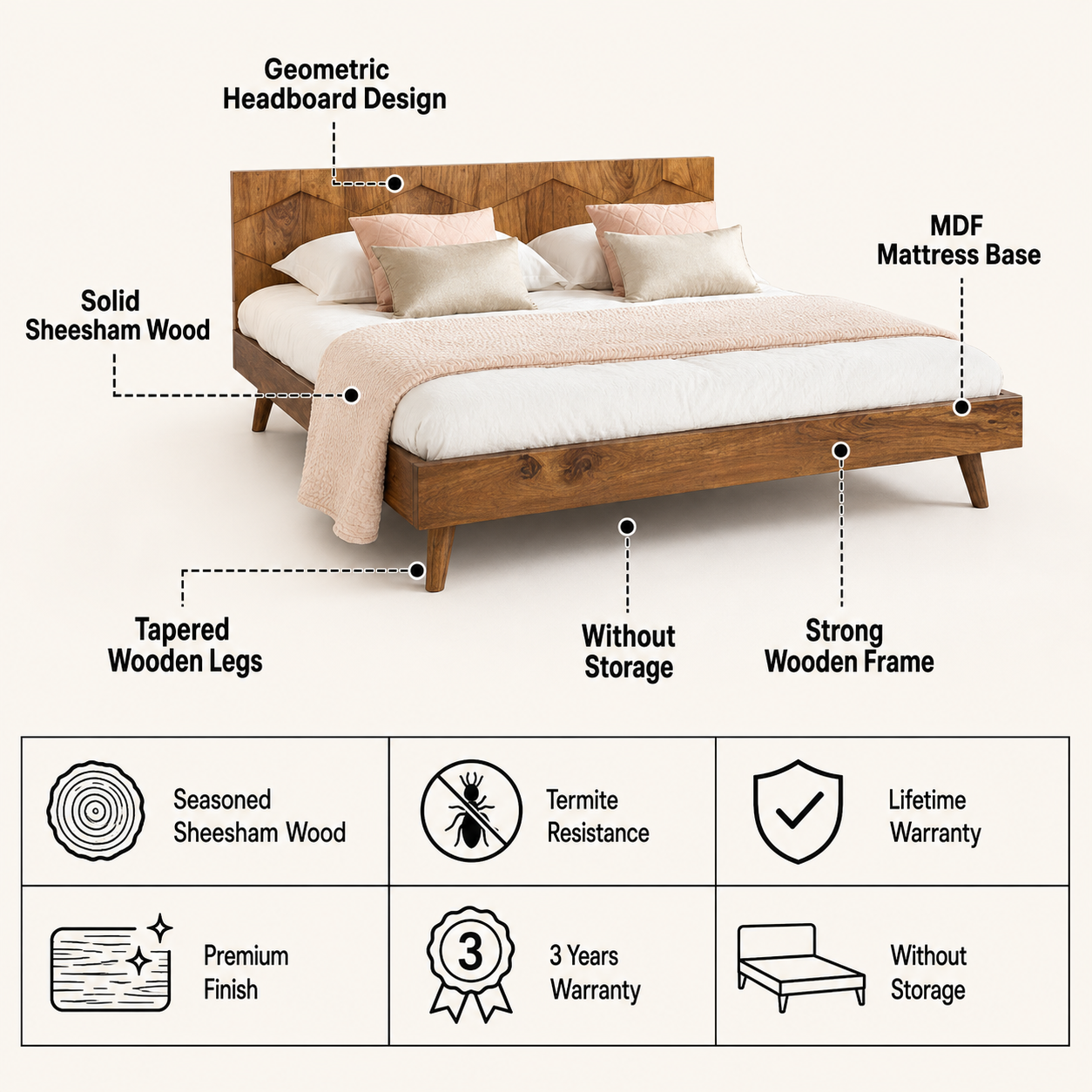 Monte Solid Sheesham Wood Bed - 3 Years Warranty features