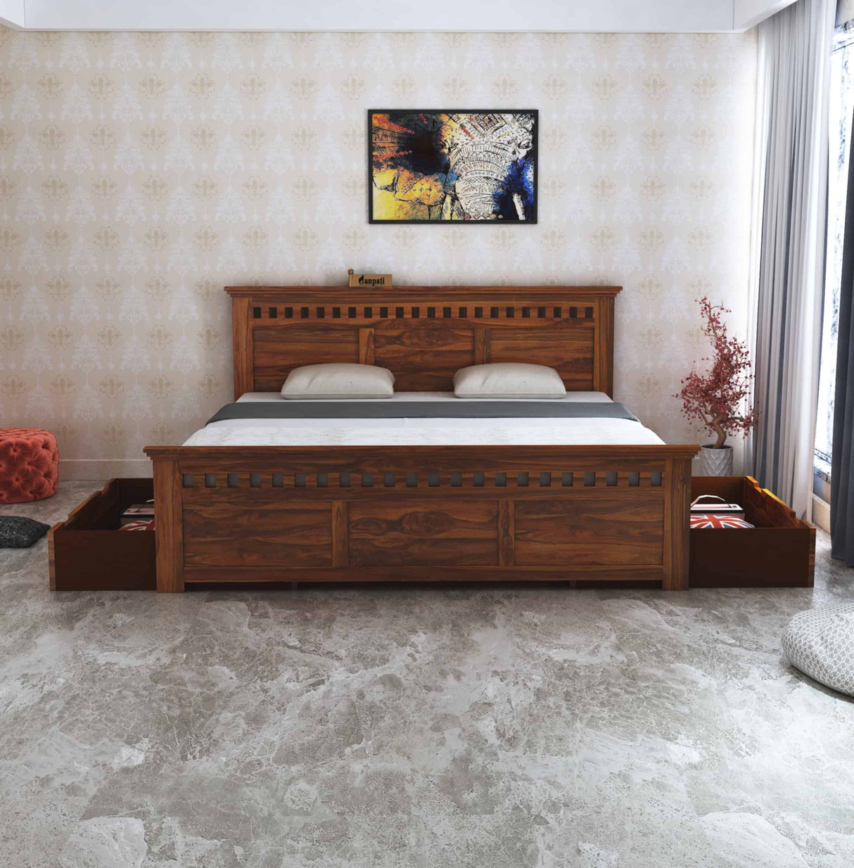 Armania Solid Sheesham Wood Bed With Two Drawer Storage - 3 Years Warranty