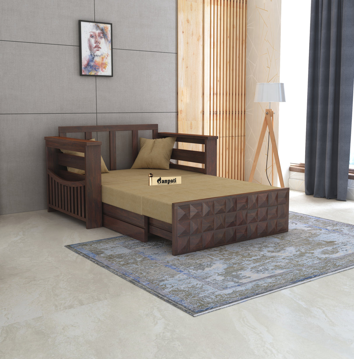 OSLO Solid Sheesham Wood Two Seater Sofa Cum Bed With Side Pocket - 3 Years Warranty