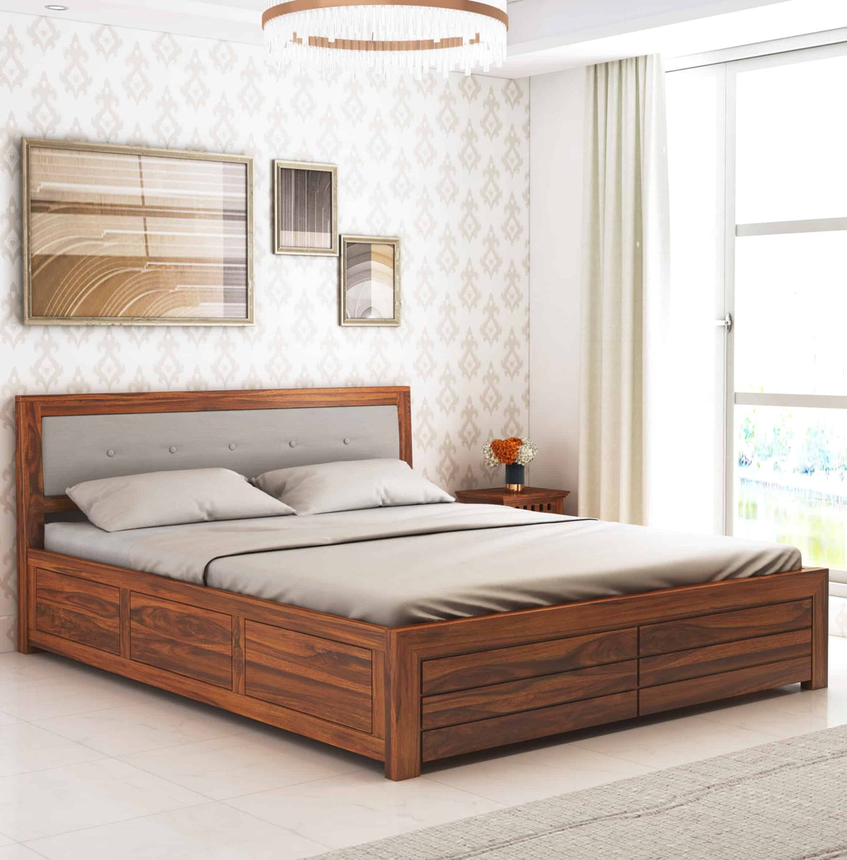 Euro Solid Sheesham Wood Bed with Box Storage and Upholstery Headboard -  3 Years Warranty