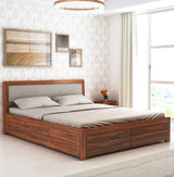 Euro Solid Sheesham Wood Bed with Box Storage and Upholstery Headboard -  3 Years Warranty