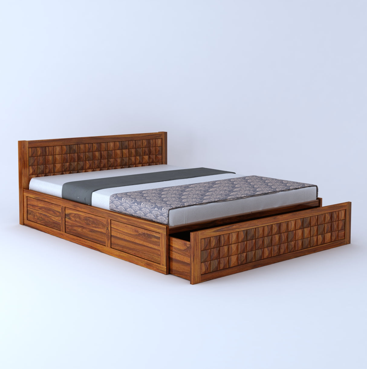 Oslo Diamond Solid Sheesham Wood Bed With Half Box and Trolly Storage - 3 Years Warranty