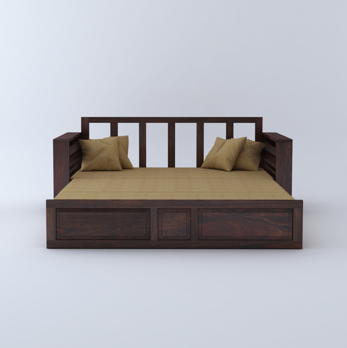 Lurid Solid Sheesham Wood 3 Seater Sofa Cum Bed Walnut with Side Pockets - 3 Years Warranty