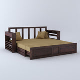Lurid Solid Sheesham Wood 3 Seater Sofa Cum Bed Walnut with Side Pockets - 3 Years Warranty