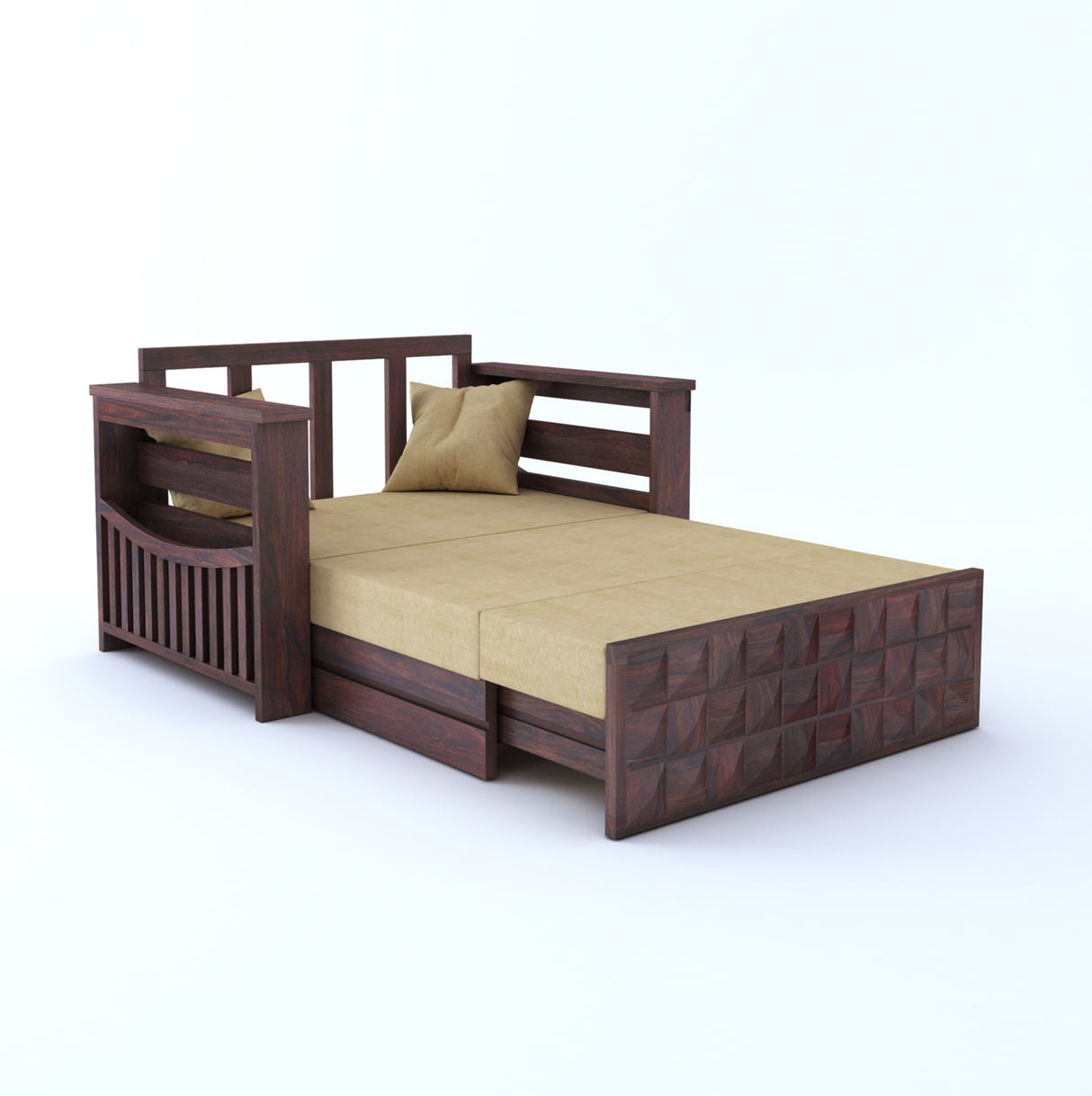 OSLO Solid Sheesham Wood Two Seater Sofa Cum Bed With Side Pocket - 3 Years Warranty