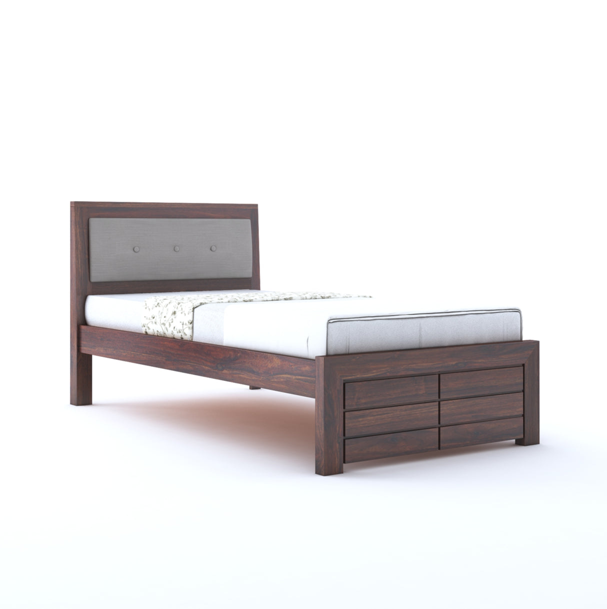 EURO Solid Sheesham Wood Single Bed With Upholstered Headboard - 3 Years Warranty