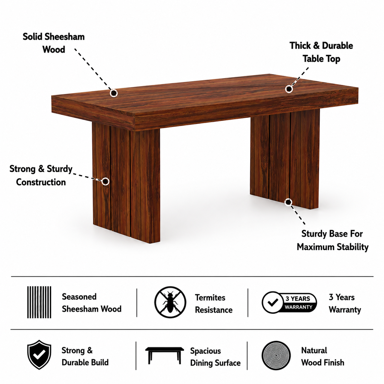 Maharaja Solid Sheesham Wood 6 Seater Dining Table Set - 3 Years Warranty features