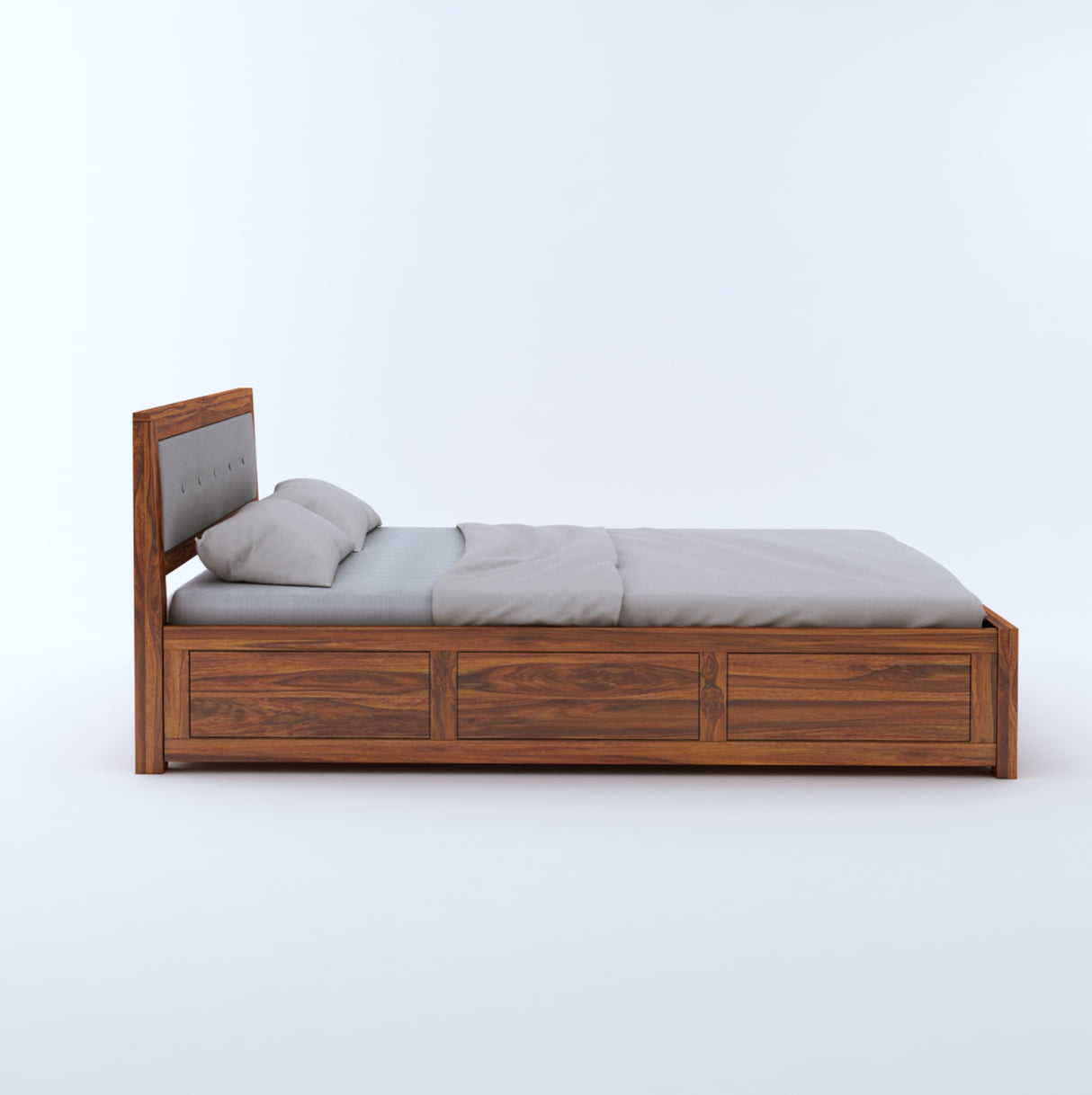 Euro Solid Sheesham Wood Bed with Hydraulic Storage and Upholstery Headboard - 3 Years Warranty