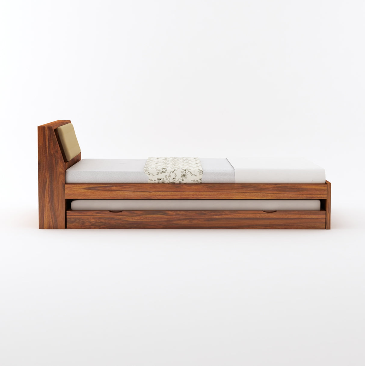 Mayor Solid Sheesham Wood Single Trundle Bed With Headboard Storage - 3 Years Warranty