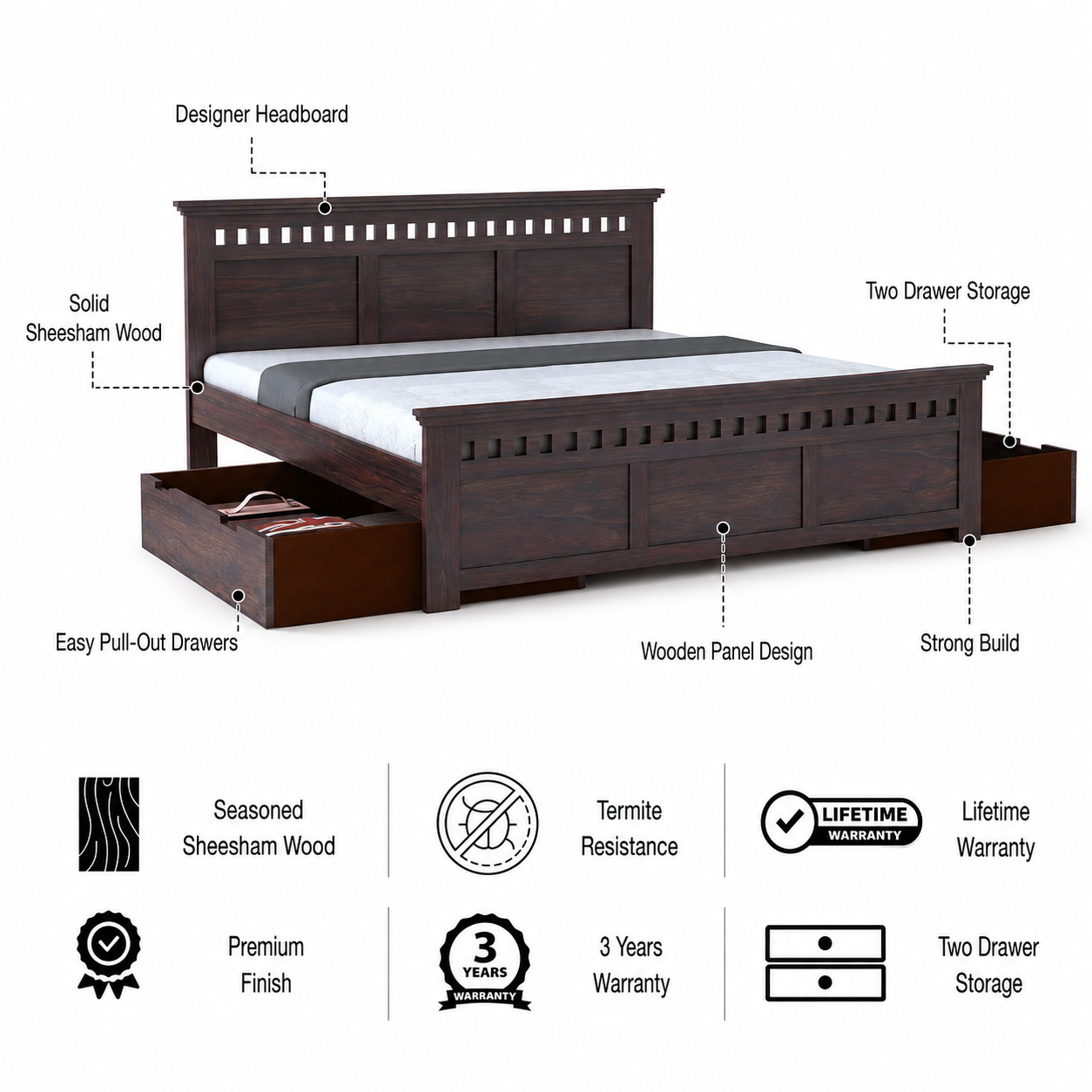 Armania Solid Sheesham Wood Bed With Two Drawer Storage - 3 Years Warranty features