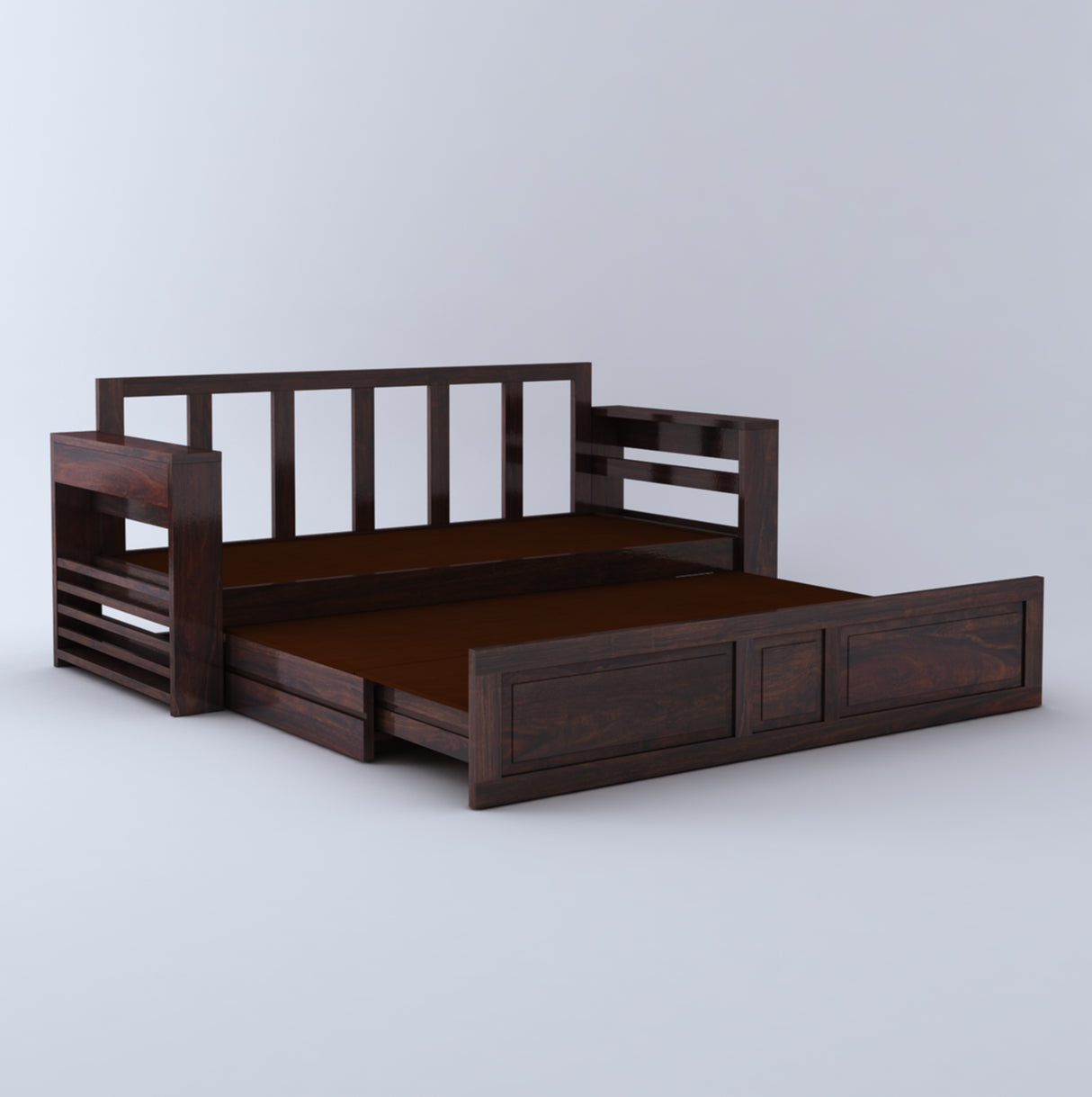 Lurid Solid Sheesham Wood 3 Seater Sofa Cum Bed Walnut with Side Pockets - 3 Years Warranty
