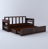 Lurid Solid Sheesham Wood 3 Seater Sofa Cum Bed Walnut with Side Pockets - 3 Years Warranty