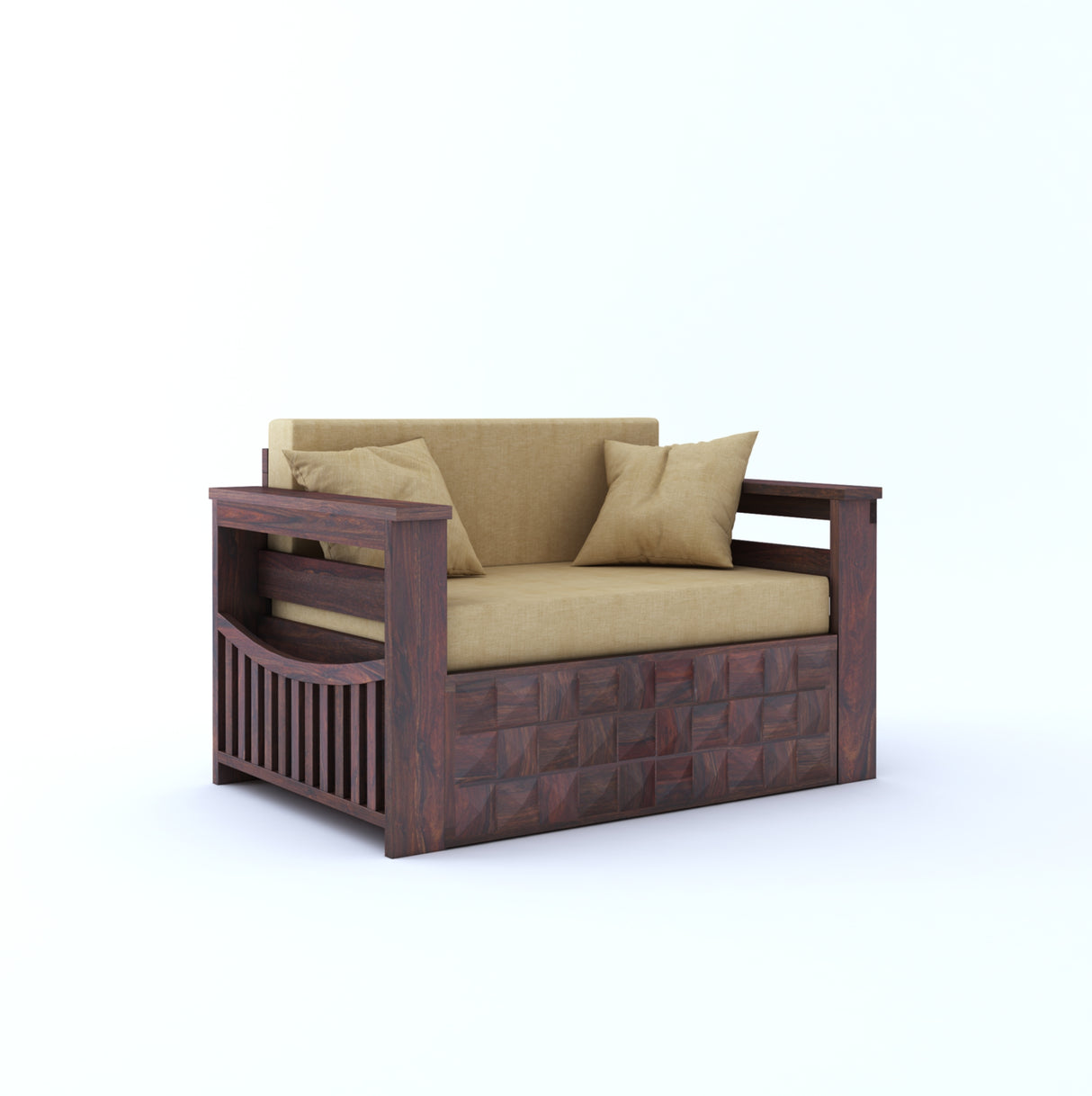 OSLO Solid Sheesham Wood Two Seater Sofa Cum Bed With Side Pocket - 3 Years Warranty