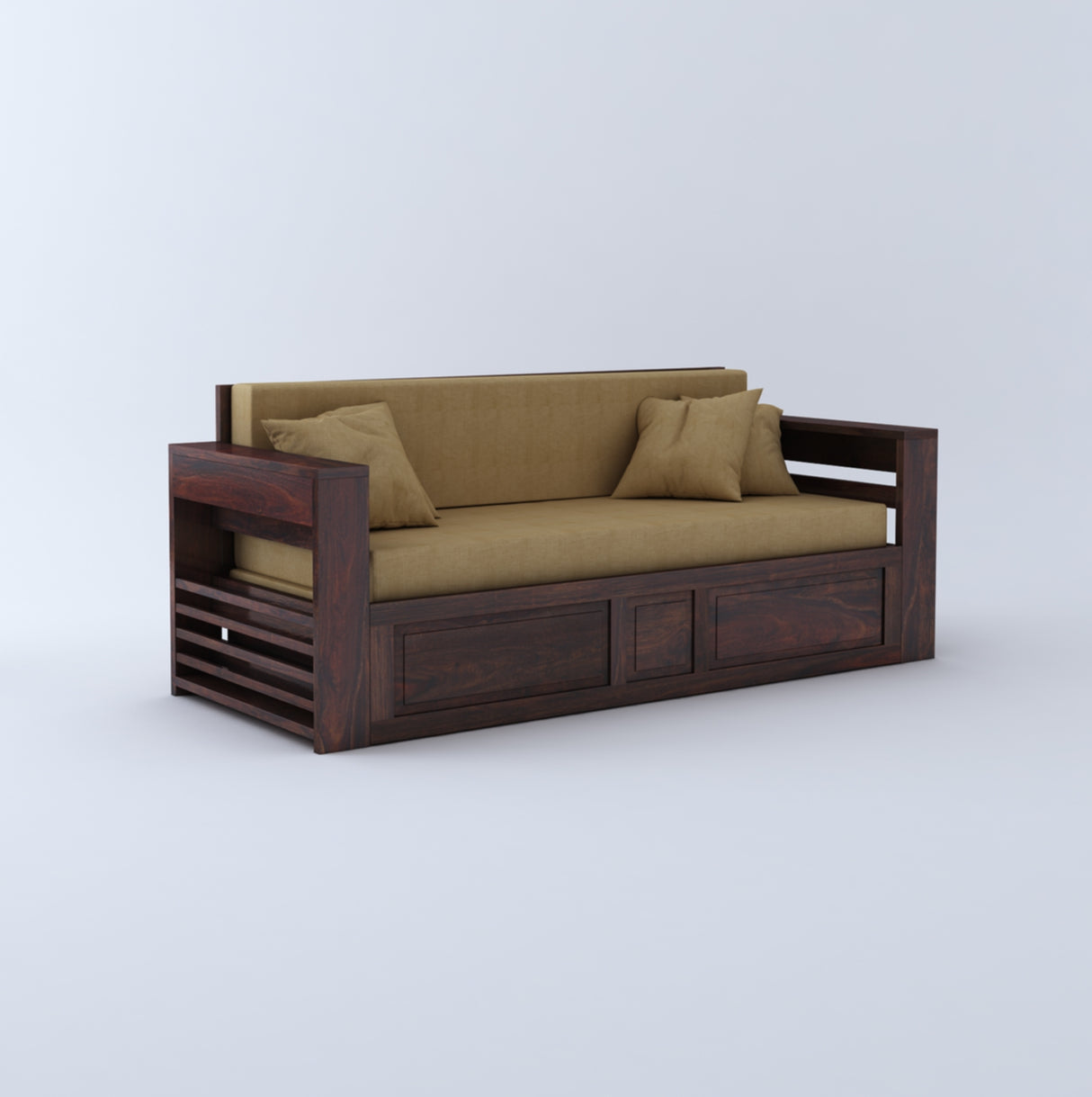 Lurid Solid Sheesham Wood 3 Seater Sofa Cum Bed Walnut with Side Pockets - 3 Years Warranty