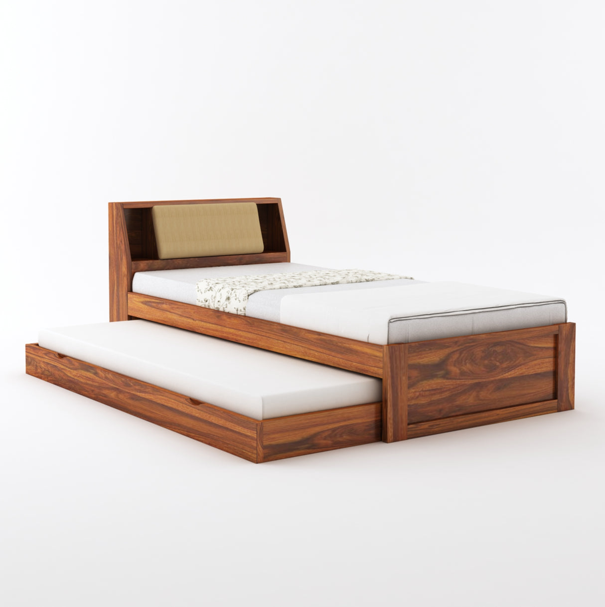 Mayor Solid Sheesham Wood Single Trundle Bed With Headboard Storage - 3 Years Warranty