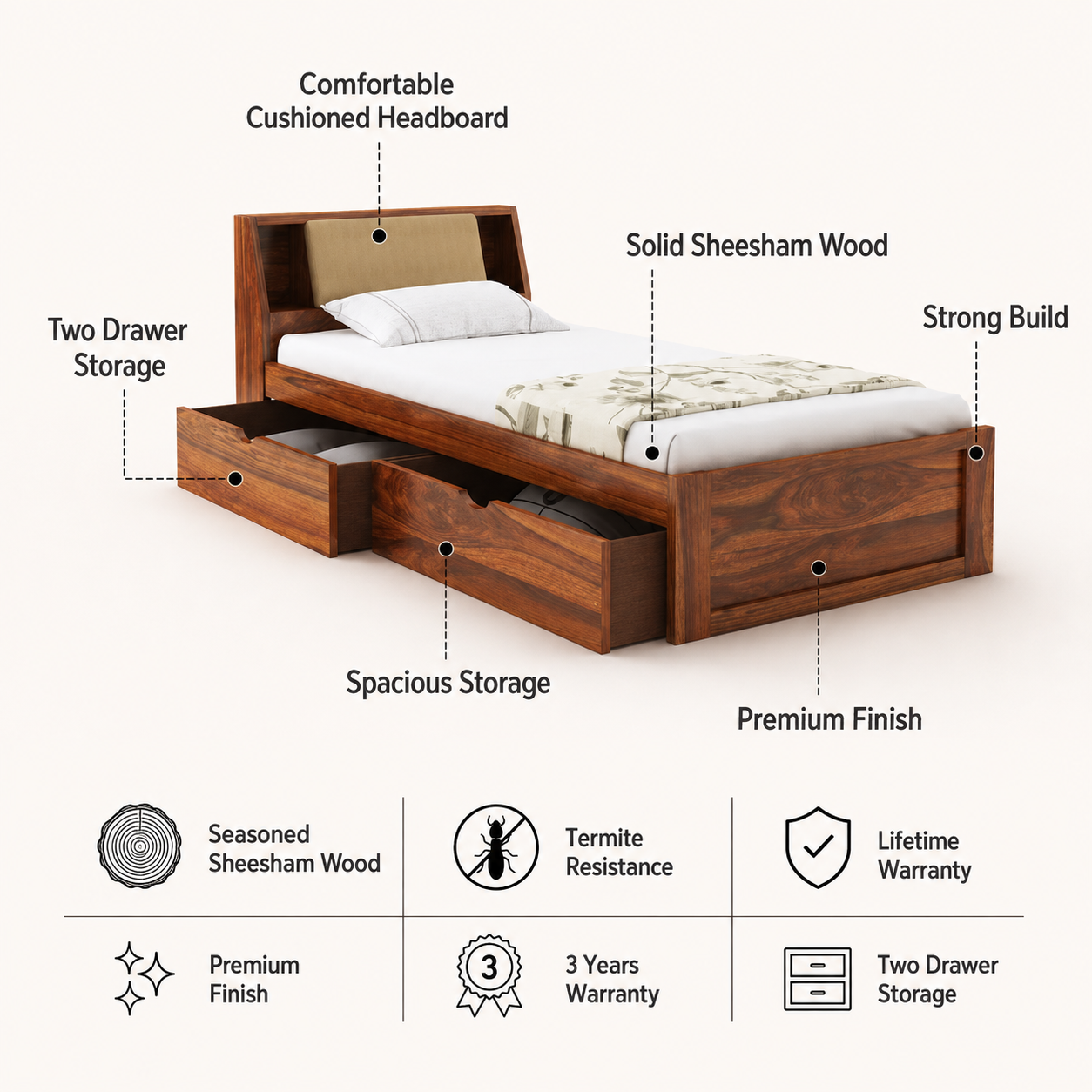 Mayor Solid Sheesham Wood Single Bed With Headboard and Drawer Storage - 3 Years Warranty features