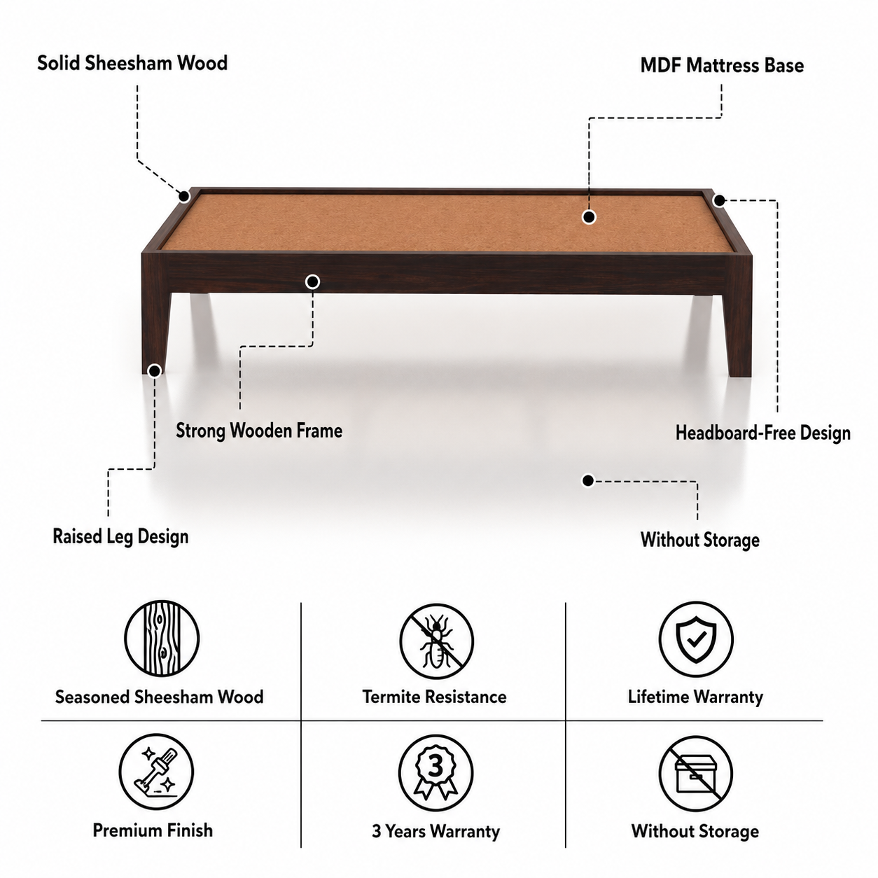 Rio Solid Sheesham Wood Single Bed - 3 Years Warranty features