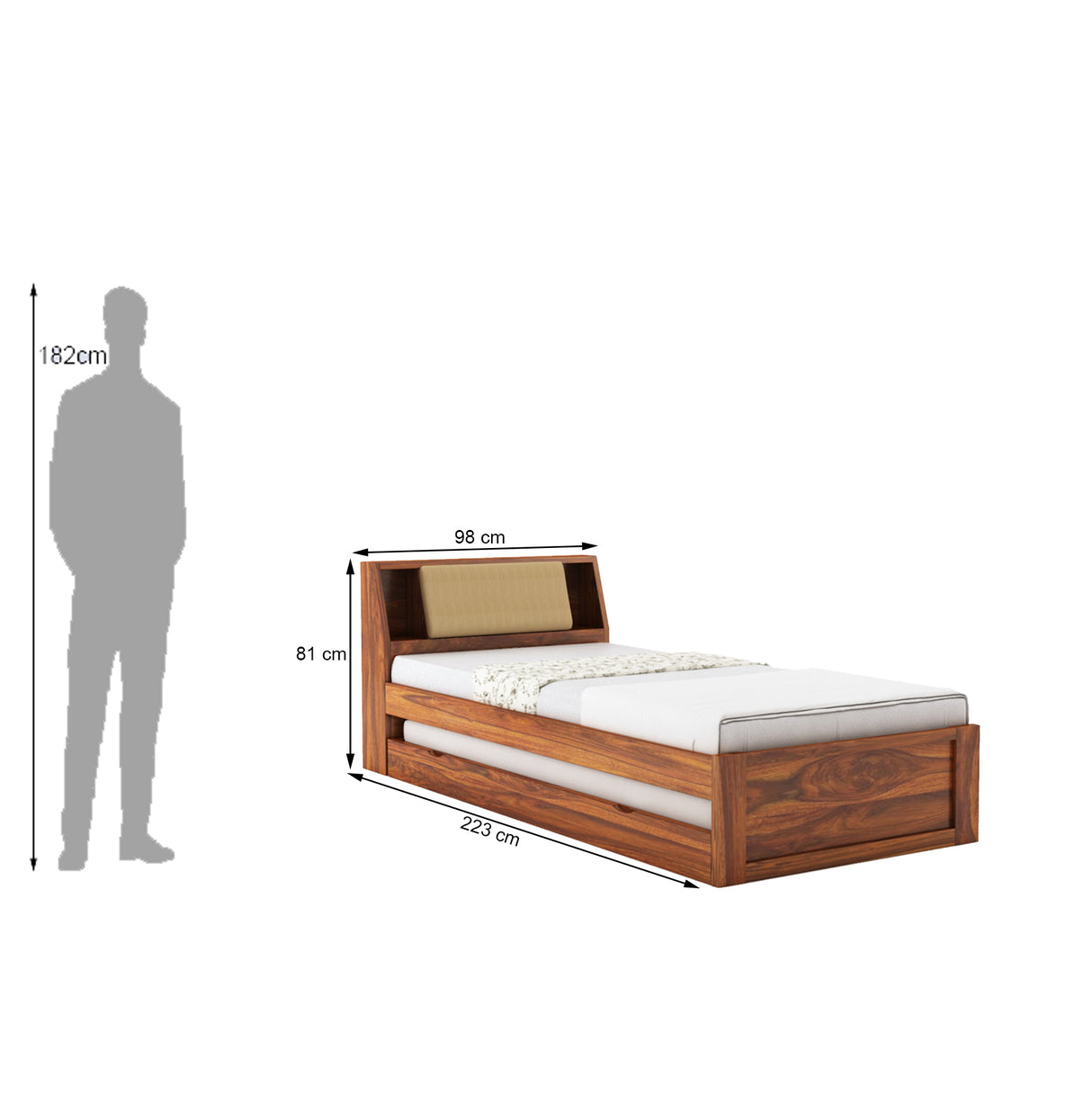 Mayor Solid Sheesham Wood Single Trundle Bed With Headboard Storage - 3 Years Warranty