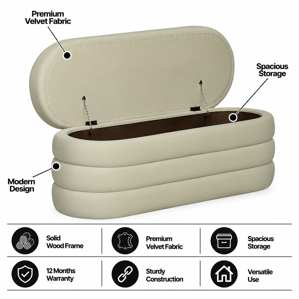 EMPEROR Upholstered Ottoman Bench With Storage - 12 Months Warranty(Cream) features