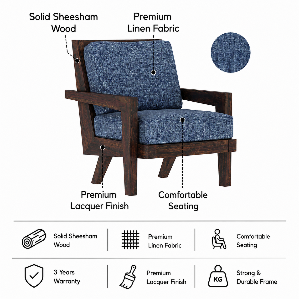 AURA Solid Sheesham Wood Single Seater Sofa - 3 Year Warranty (LUXE EDITION) features