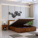 Swiss Solid Sheesham Wood Hydraulic Storage Bed with Upholstered Backrest - 3 years Warranty