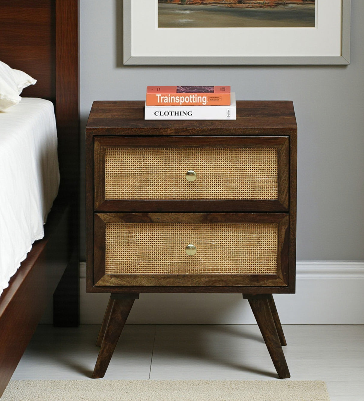 Syrus Solid Sheesham Wood Two Drawer Bedside Cane - 3 Years Warranty