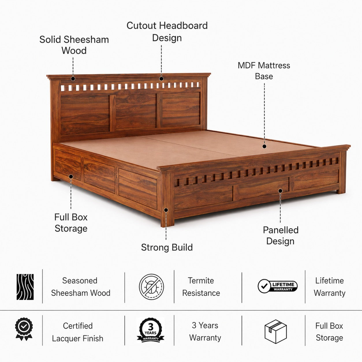 Armania Solid Sheesham Wood Bed With Box Storage - 3 Years Warranty features