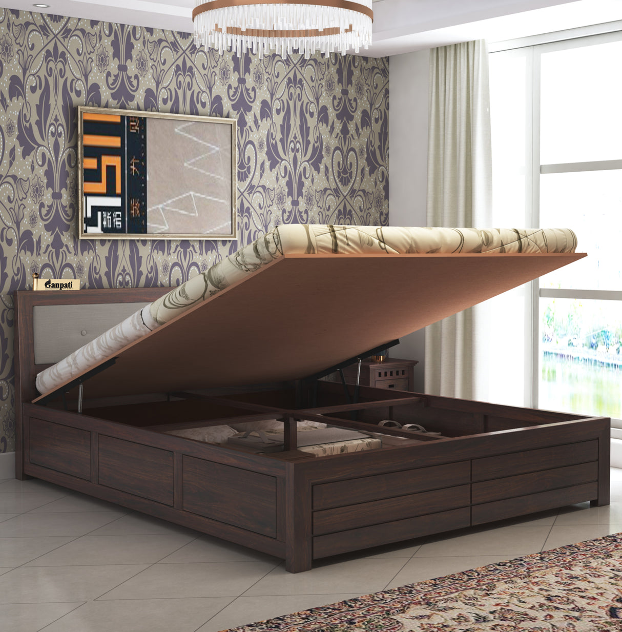 Euro Solid Sheesham Wood Bed with Hydraulic Storage and Upholstery Headboard - 3 Years Warranty