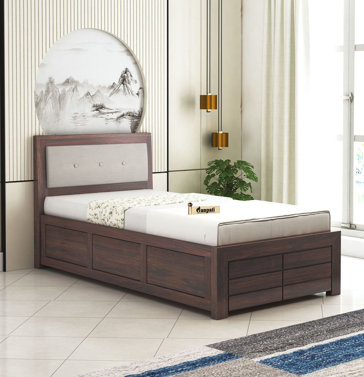 Euro Solid Sheesham Wood Single Bed With Box Storage - 3 Years Warranty
