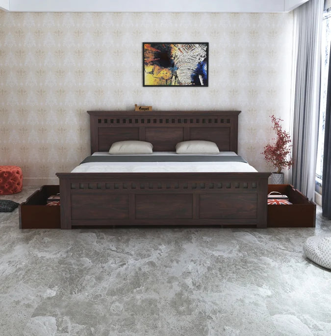 Armania Solid Sheesham Wood Bed With Two Drawer Storage - 3 Years Warranty features