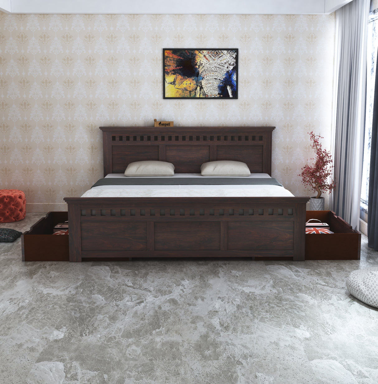Armania Solid Sheesham Wood Bed With Two Drawer Storage - 3 Years Warranty