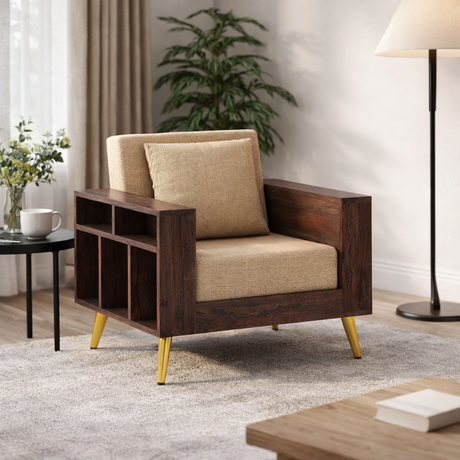 Bolt Solid Sheesham Wood Single Seater Sofa With Side Storage - 3 Year Warranty (LUXE EDITION)