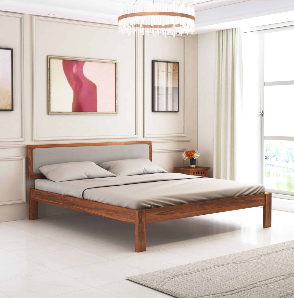 Euro Solid Sheesham Wood Bed With Upholstered Headboard - 3 Years Warranty