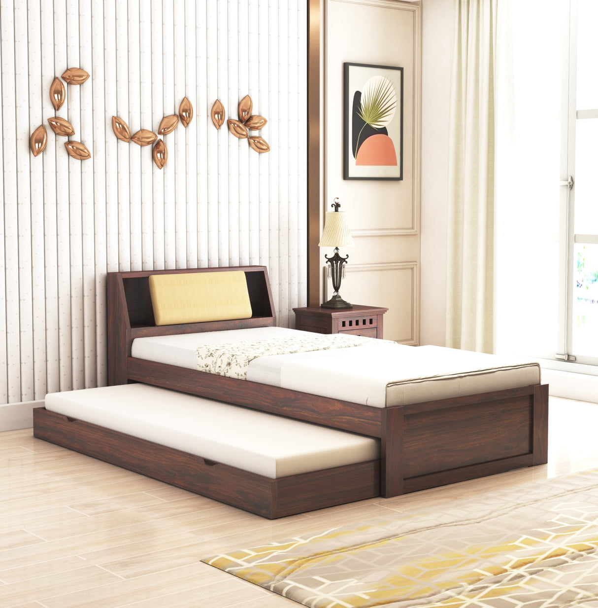 Mayor Solid Sheesham Wood Single Trundle Bed With Headboard Storage - 3 Years Warranty